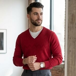 Hugo Boss L Merino Old Money Preppy Jaquard Chevron V-Neck Knit Wool Sweater